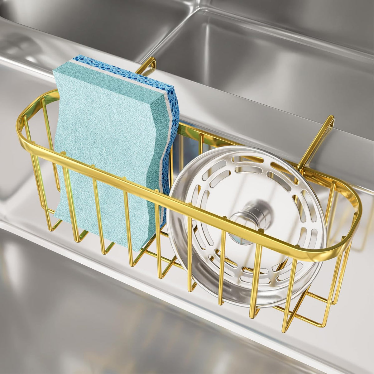SWTYMIKI Sponge Holder for Kitchen Sink, Movable Kitchen Sink Caddy with Compact Size Rustproof and Waterproof Hanging Sponge Caddy for Double Bowl Sinks, Silver