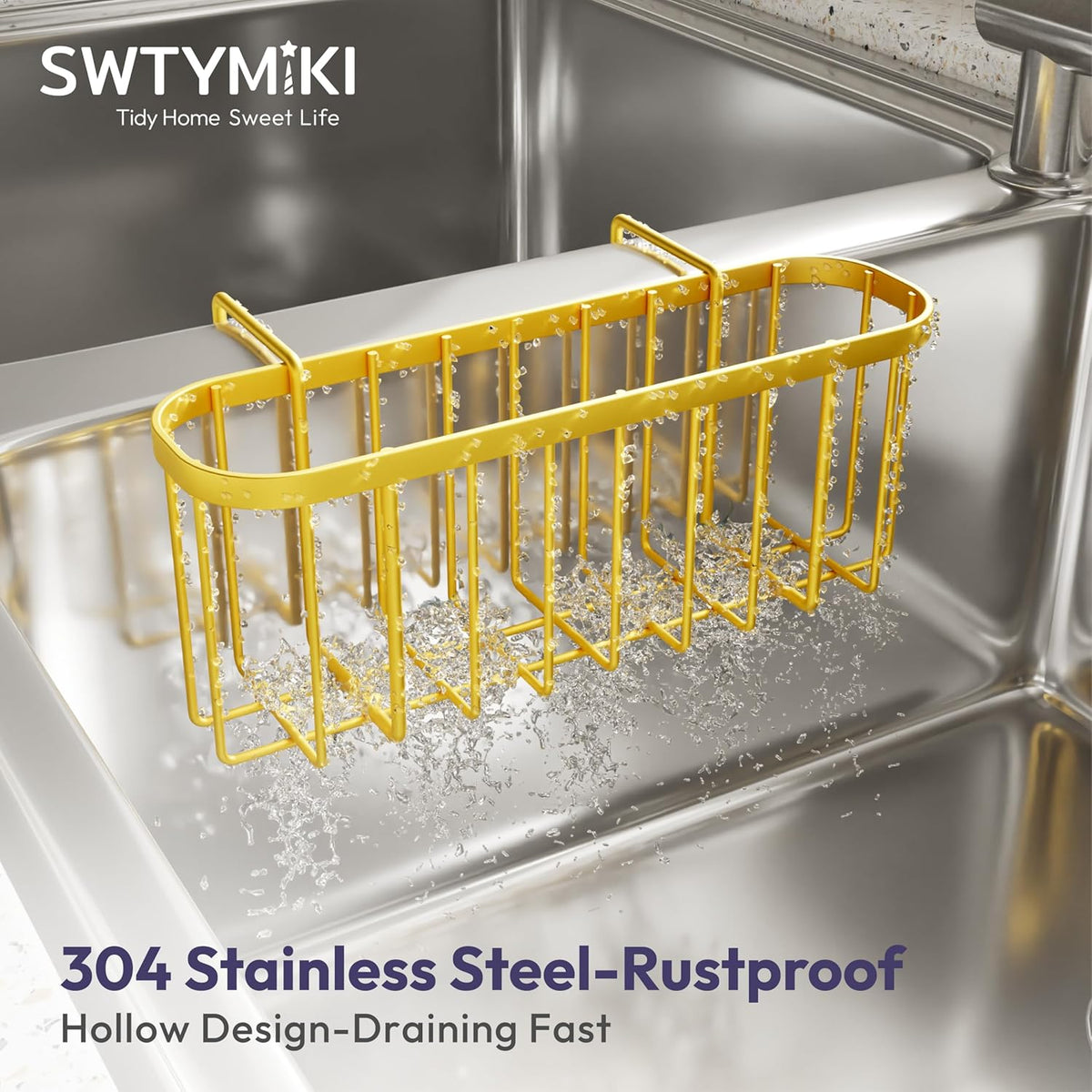 SWTYMIKI Sponge Holder for Kitchen Sink, Movable Kitchen Sink Caddy with Compact Size Rustproof and Waterproof Hanging Sponge Caddy for Double Bowl Sinks, Silver