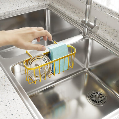 SWTYMIKI Sponge Holder for Kitchen Sink, Movable Kitchen Sink Caddy with Compact Size Rustproof and Waterproof Hanging Sponge Caddy for Double Bowl Sinks, Silver