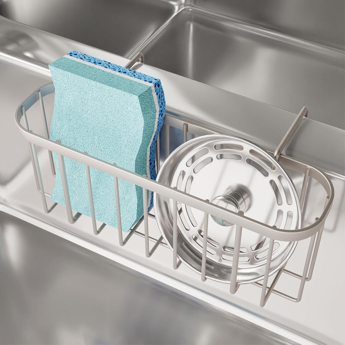 SWTYMIKI Sponge Holder for Kitchen Sink, Movable Kitchen Sink Caddy with Compact Size Rustproof and Waterproof Hanging Sponge Caddy for Double Bowl Sinks, Silver
