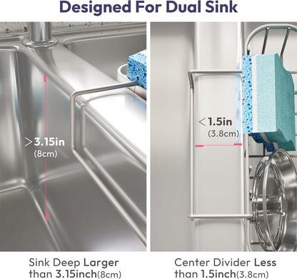 SWTYMIKI Sponge Holder for Kitchen Sink, Movable Kitchen Sink Caddy with Compact Size Rustproof and Waterproof Hanging Sponge Caddy for Double Bowl Sinks, Silver