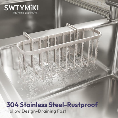 SWTYMIKI Sponge Holder for Kitchen Sink, Movable Kitchen Sink Caddy with Compact Size Rustproof and Waterproof Hanging Sponge Caddy for Double Bowl Sinks, Silver