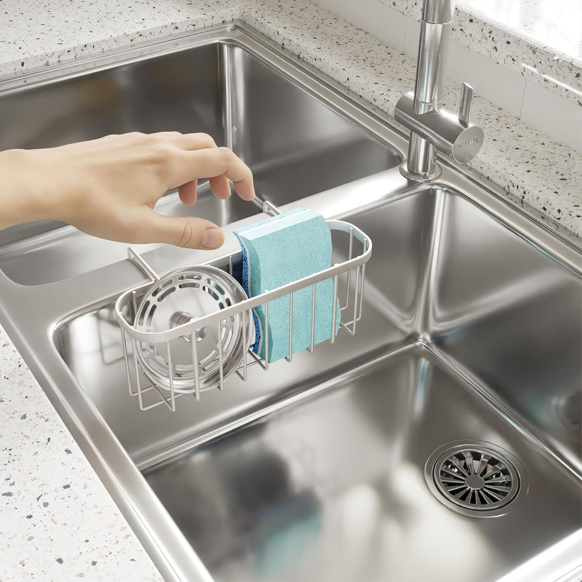 SWTYMIKI Sponge Holder for Kitchen Sink, Movable Kitchen Sink Caddy with Compact Size Rustproof and Waterproof Hanging Sponge Caddy for Double Bowl Sinks, Silver