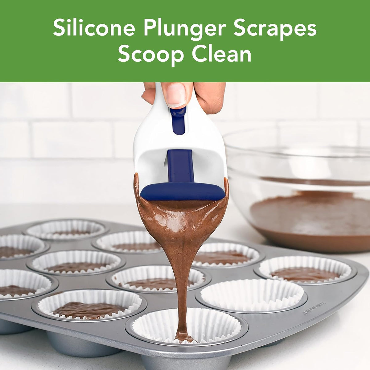 Cupcake Scoop Batter Dispenser for Cupcakes Muffins Pancakes & Cookie Dough, Easy to Clean Batter Scoop Slide Dispenses Quicker for Even Size Baked Goods Kitchen Gadget, Deep Indigo