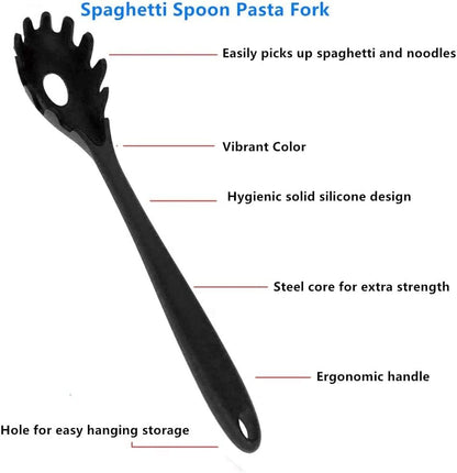 Silicone Pasta Fork (11.2"), 2-Pack Spaghetti Server Spoon Heat Resistant 600°F, Food Grade Pasta Spoon, BPA Free, Noodle Spoons. (Silicone)
