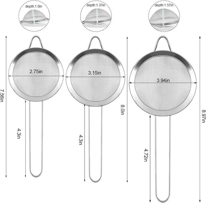 2 Pack Fine Mesh Strainer, Small Stainless Steel Sieves with Handles, for Steeping Loose Leaf Tea, Straining Cocktail, Juice and Sifting Flour, Powdered Sugar (2pcs)