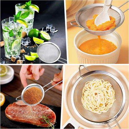 2 Pack Fine Mesh Strainer, Small Stainless Steel Sieves with Handles, for Steeping Loose Leaf Tea, Straining Cocktail, Juice and Sifting Flour, Powdered Sugar (2pcs)
