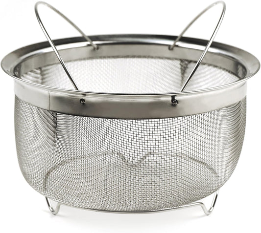 Mesh Colander Strainer Basket with Folding Handles, 3 Quarts | For Pasta, Frying, & Salads | Dishwasher Safe | Use in Pressure Cookers | Steaming, Draining & Rinsing