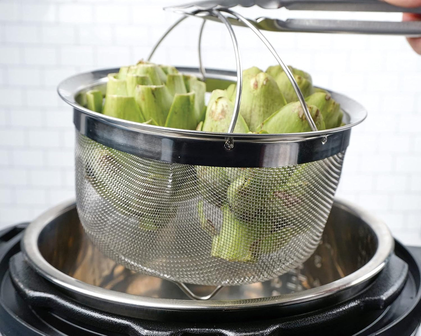 Mesh Colander Strainer Basket with Folding Handles, 3 Quarts | For Pasta, Frying, & Salads | Dishwasher Safe | Use in Pressure Cookers | Steaming, Draining & Rinsing