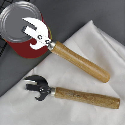 Manual Can Opener with Wooden Handle Stainless Steel Convenient and Durable Manual Opener for Beer Bottle Household Kitchen Gadget Silver