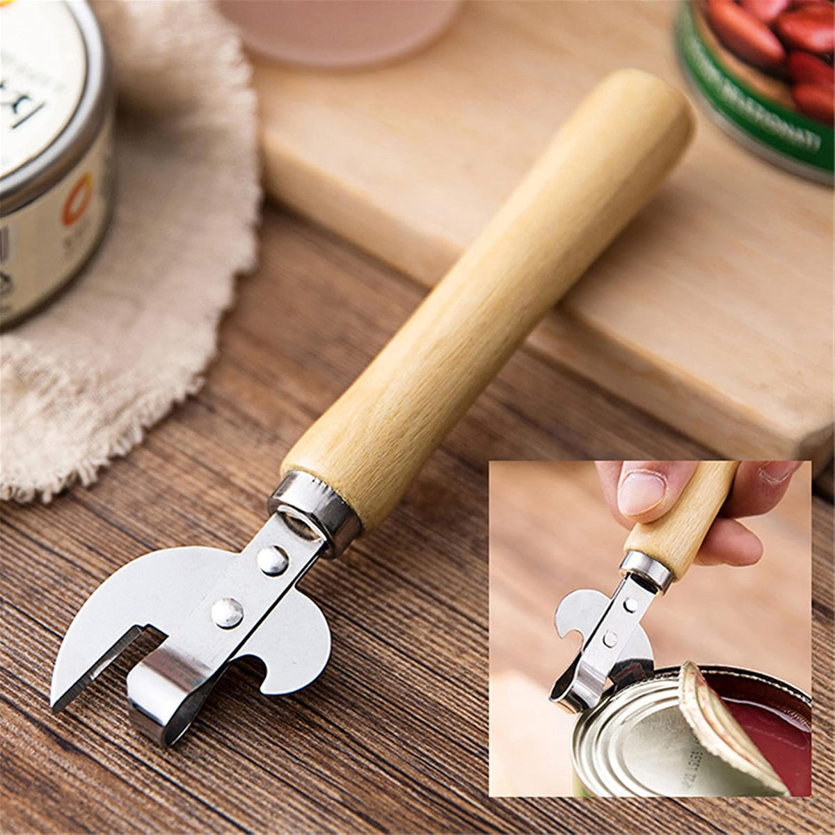 Manual Can Opener with Wooden Handle Stainless Steel Convenient and Durable Manual Opener for Beer Bottle Household Kitchen Gadget Silver