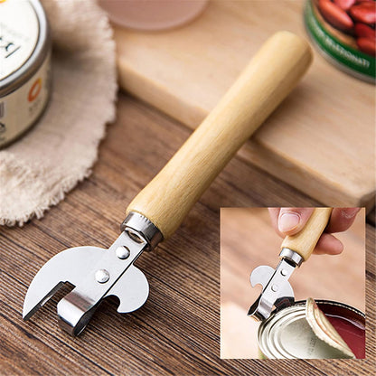 Manual Can Opener with Wooden Handle Stainless Steel Convenient and Durable Manual Opener for Beer Bottle Household Kitchen Gadget Silver