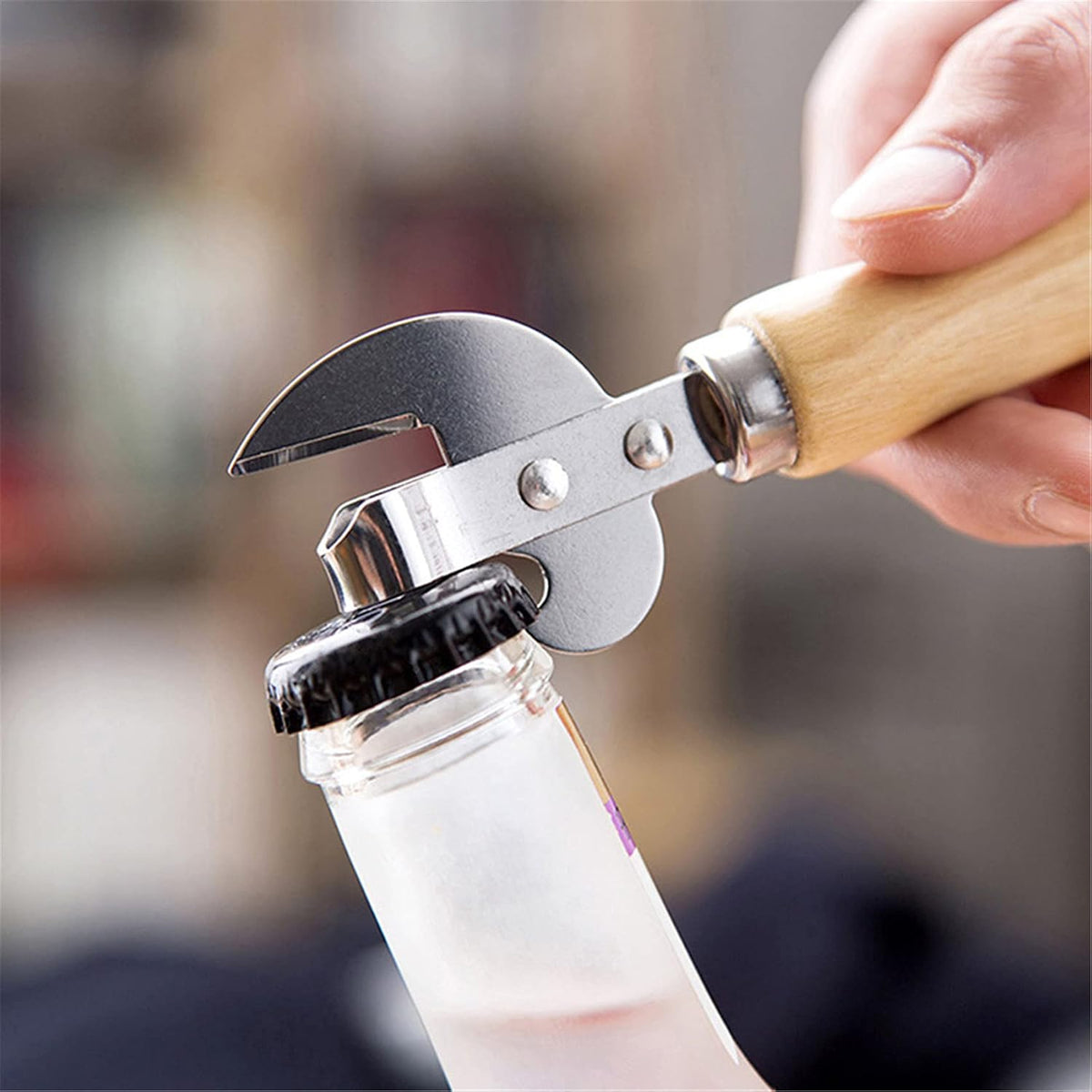Manual Can Opener with Wooden Handle Stainless Steel Convenient and Durable Manual Opener for Beer Bottle Household Kitchen Gadget Silver