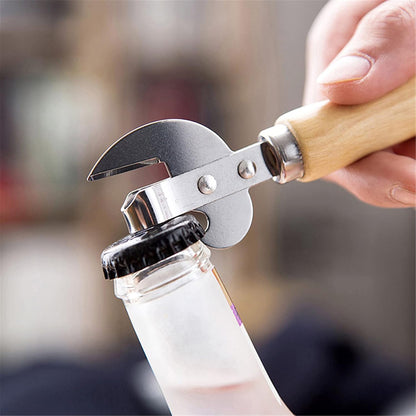 Manual Can Opener with Wooden Handle Stainless Steel Convenient and Durable Manual Opener for Beer Bottle Household Kitchen Gadget Silver