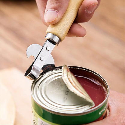 Manual Can Opener with Wooden Handle Stainless Steel Convenient and Durable Manual Opener for Beer Bottle Household Kitchen Gadget Silver
