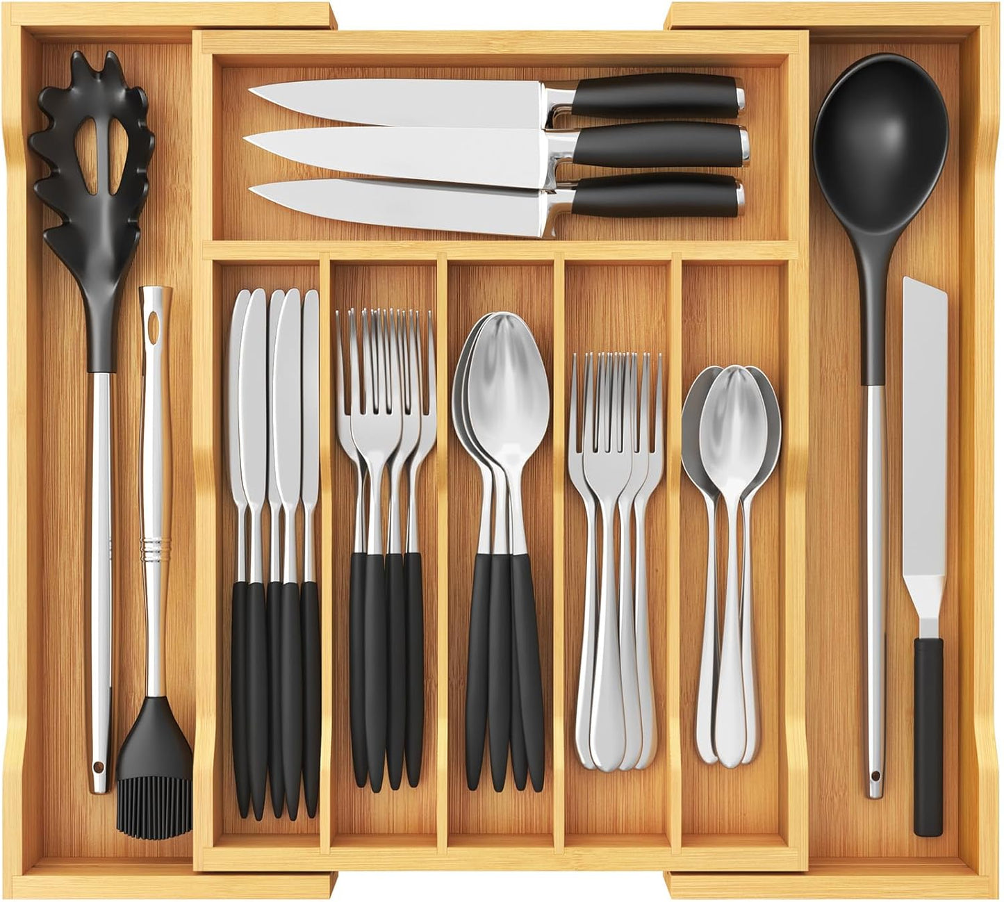 Silverware Drawer Organizer, Expandable Utensil Tray for Kitchen, Flatware and Cutlery Holder, Wood Adjustable Storage for Spoons Forks Knives, 13-22x15/ 33-56x38cm, Natural