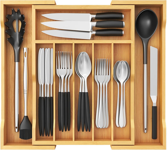 Silverware Drawer Organizer, Expandable Utensil Tray for Kitchen, Flatware and Cutlery Holder, Wood Adjustable Storage for Spoons Forks Knives, 13-22x15/ 33-56x38cm, Natural