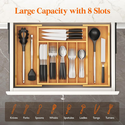 Silverware Drawer Organizer, Expandable Utensil Tray for Kitchen, Flatware and Cutlery Holder, Wood Adjustable Storage for Spoons Forks Knives, 13-22x15/ 33-56x38cm, Natural