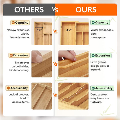 Silverware Drawer Organizer, Expandable Utensil Tray for Kitchen, Flatware and Cutlery Holder, Wood Adjustable Storage for Spoons Forks Knives, 13-22x15/ 33-56x38cm, Natural