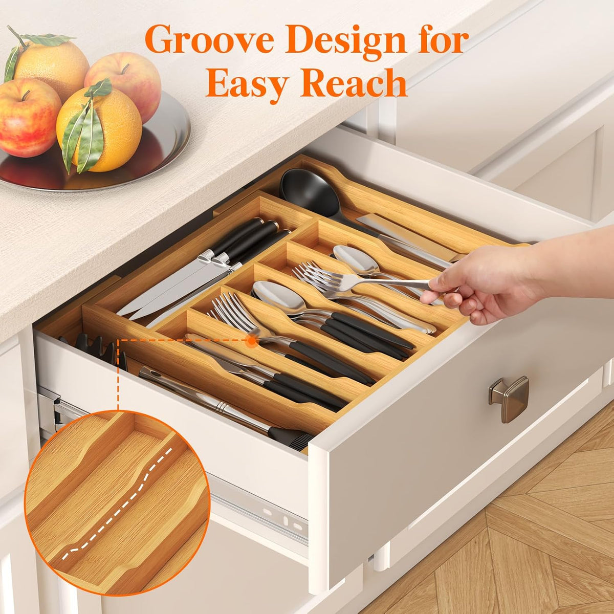 Silverware Drawer Organizer, Expandable Utensil Tray for Kitchen, Flatware and Cutlery Holder, Wood Adjustable Storage for Spoons Forks Knives, 13-22x15/ 33-56x38cm, Natural