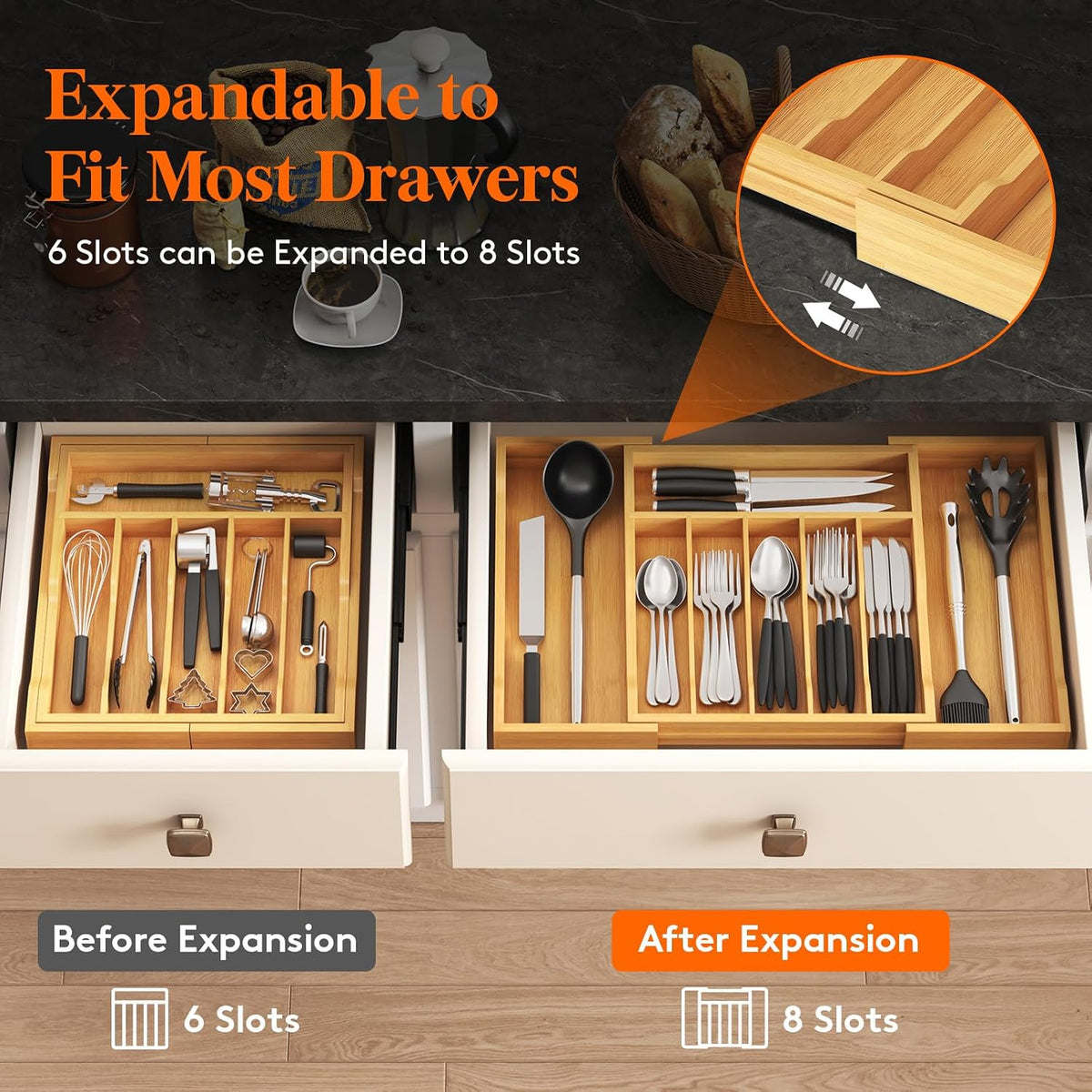 Silverware Drawer Organizer, Expandable Utensil Tray for Kitchen, Flatware and Cutlery Holder, Wood Adjustable Storage for Spoons Forks Knives, 13-22x15/ 33-56x38cm, Natural