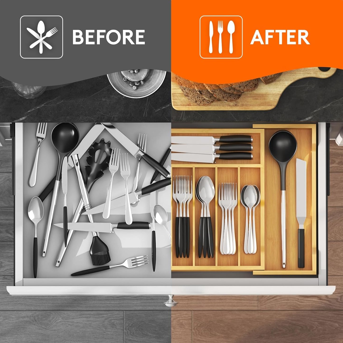 Silverware Drawer Organizer, Expandable Utensil Tray for Kitchen, Flatware and Cutlery Holder, Wood Adjustable Storage for Spoons Forks Knives, 13-22x15/ 33-56x38cm, Natural