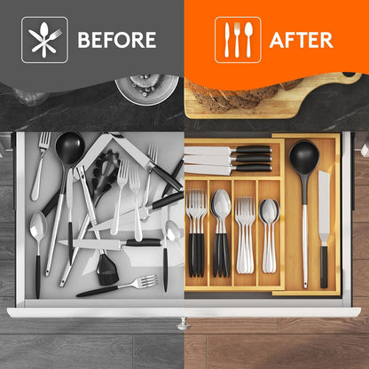 Silverware Drawer Organizer, Expandable Utensil Tray for Kitchen, Flatware and Cutlery Holder, Wood Adjustable Storage for Spoons Forks Knives, 13-22x15/ 33-56x38cm, Natural