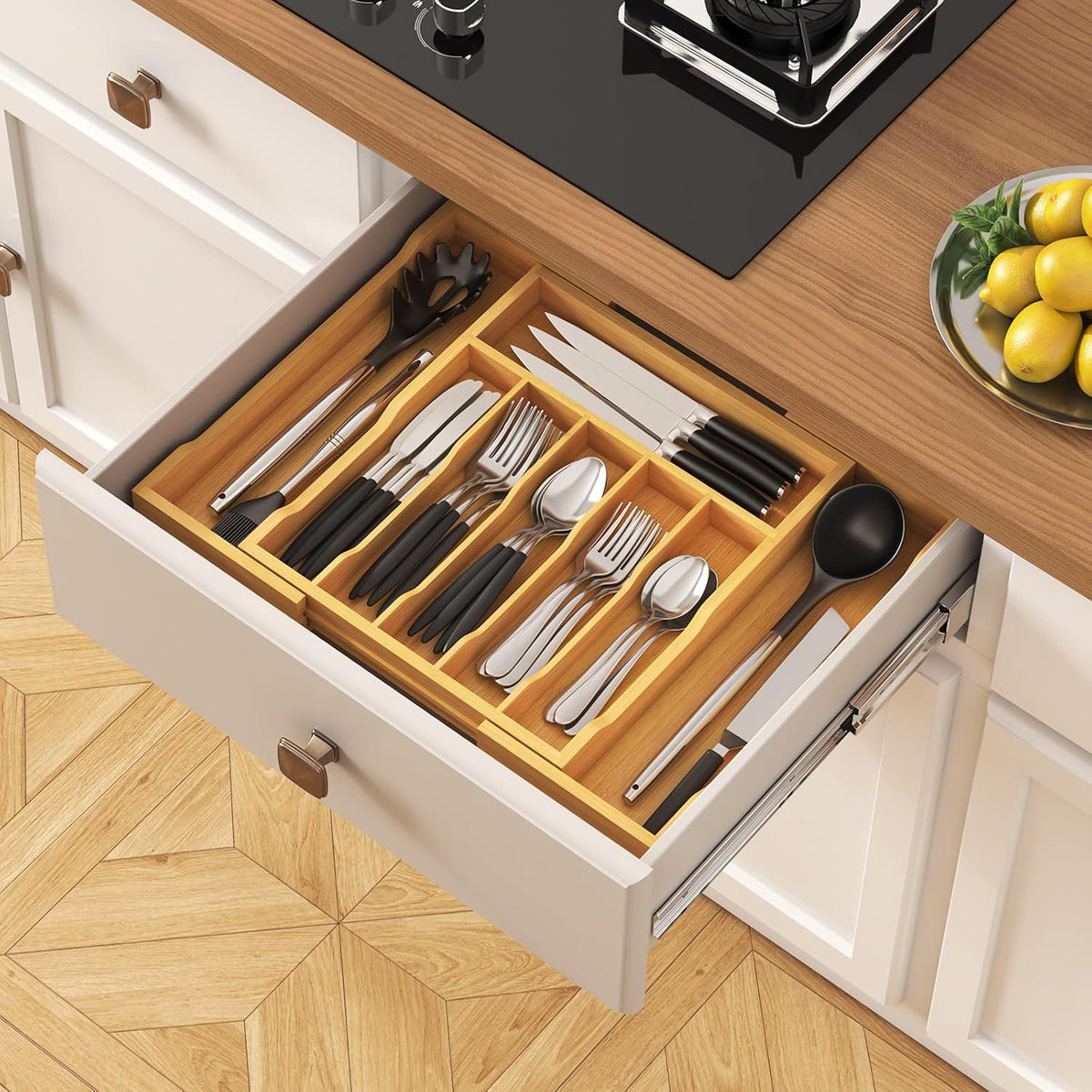 Silverware Drawer Organizer, Expandable Utensil Tray for Kitchen, Flatware and Cutlery Holder, Wood Adjustable Storage for Spoons Forks Knives, 13-22x15/ 33-56x38cm, Natural