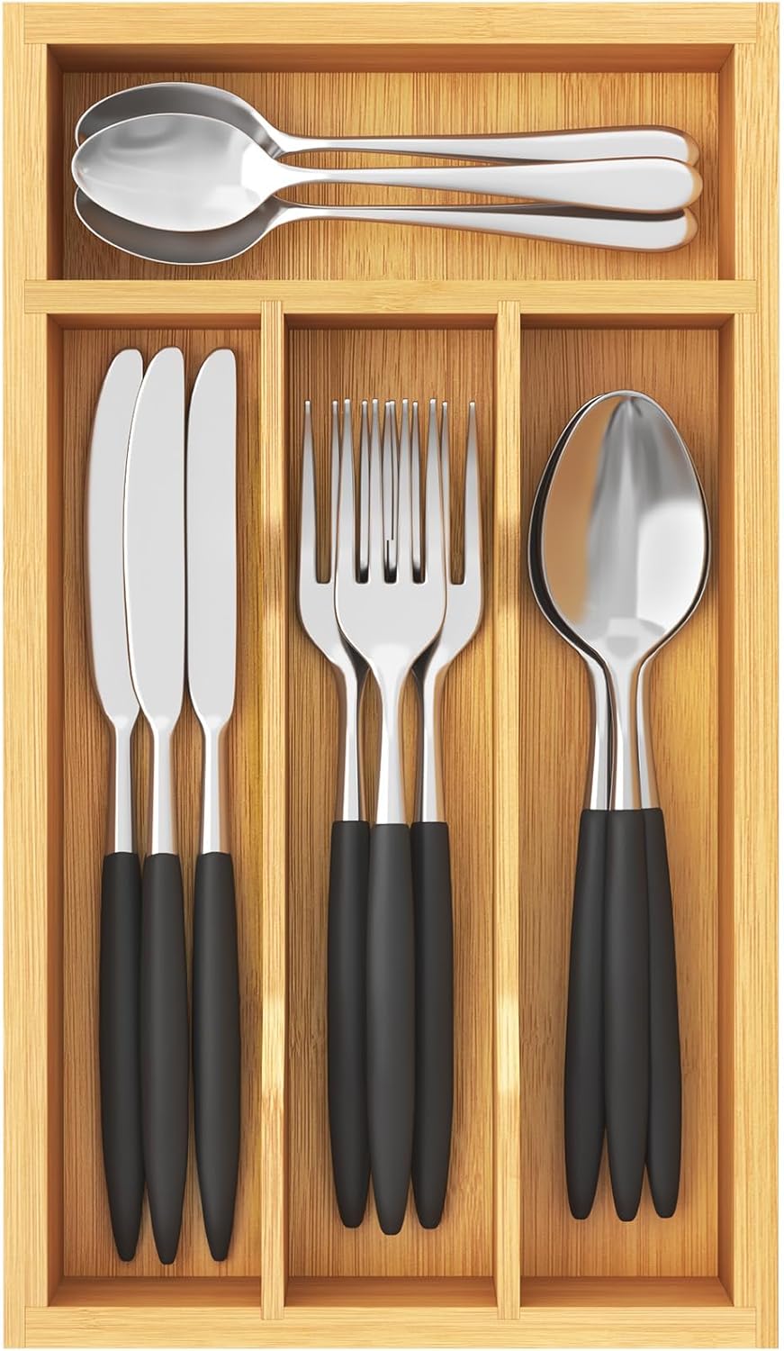 Silverware Drawer Organizer, Expandable Utensil Tray for Kitchen, Flatware and Cutlery Holder, Wood Adjustable Storage for Spoons Forks Knives, 13-22x15/ 33-56x38cm, Natural