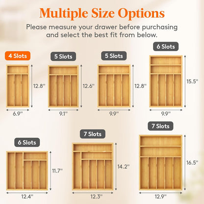 Silverware Drawer Organizer, Expandable Utensil Tray for Kitchen, Flatware and Cutlery Holder, Wood Adjustable Storage for Spoons Forks Knives, 13-22x15/ 33-56x38cm, Natural