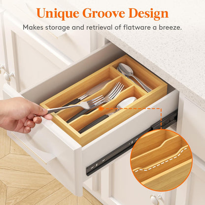 Silverware Drawer Organizer, Expandable Utensil Tray for Kitchen, Flatware and Cutlery Holder, Wood Adjustable Storage for Spoons Forks Knives, 13-22x15/ 33-56x38cm, Natural
