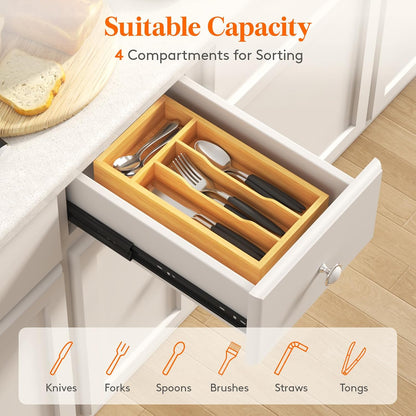 Silverware Drawer Organizer, Expandable Utensil Tray for Kitchen, Flatware and Cutlery Holder, Wood Adjustable Storage for Spoons Forks Knives, 13-22x15/ 33-56x38cm, Natural