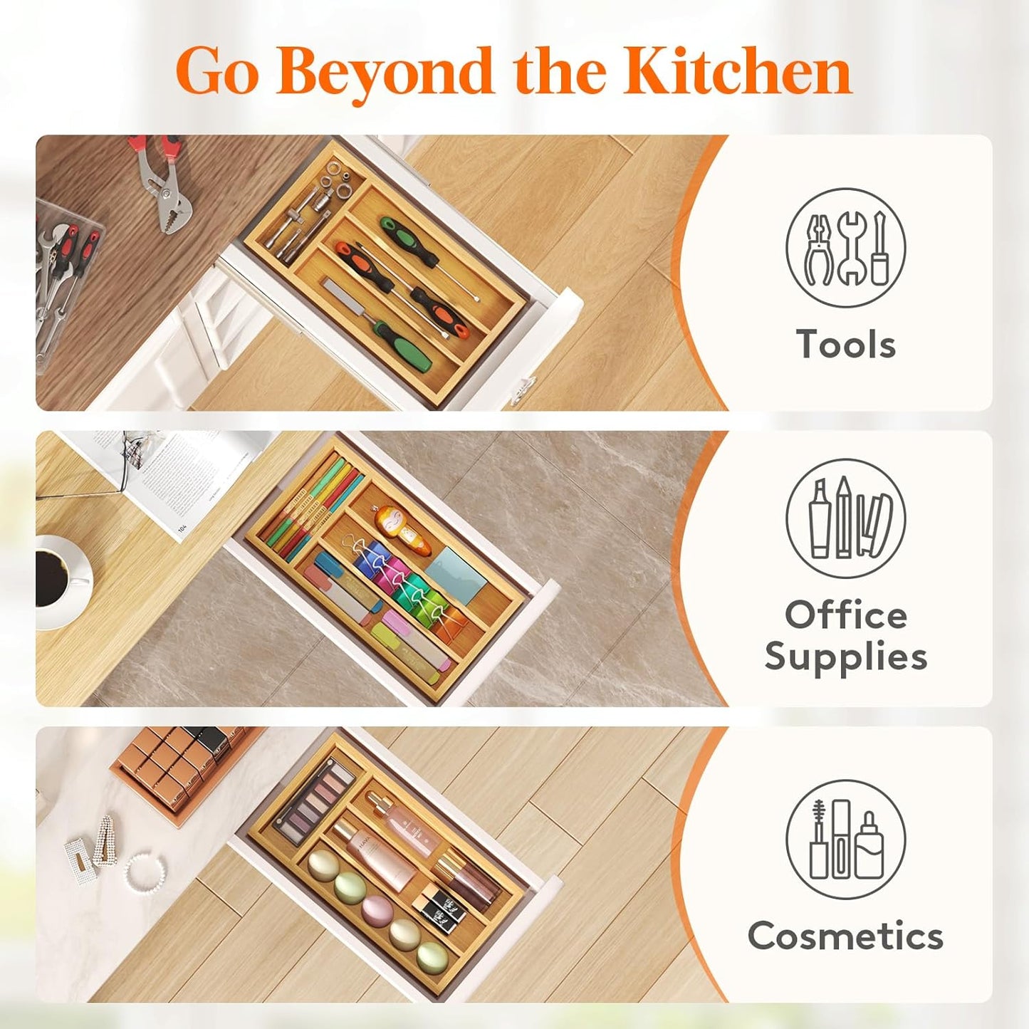 Silverware Drawer Organizer, Expandable Utensil Tray for Kitchen, Flatware and Cutlery Holder, Wood Adjustable Storage for Spoons Forks Knives, 13-22x15/ 33-56x38cm, Natural