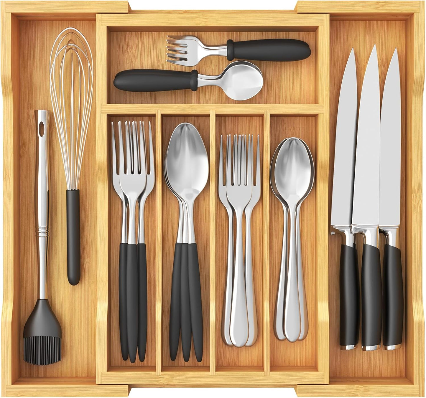Silverware Drawer Organizer, Expandable Utensil Tray for Kitchen, Flatware and Cutlery Holder, Wood Adjustable Storage for Spoons Forks Knives, 13-22x15/ 33-56x38cm, Natural