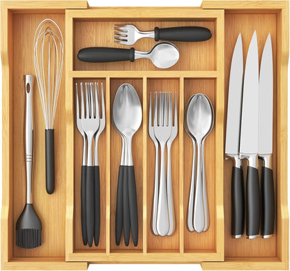 Silverware Drawer Organizer, Expandable Utensil Tray for Kitchen, Flatware and Cutlery Holder, Wood Adjustable Storage for Spoons Forks Knives, 13-22x15/ 33-56x38cm, Natural