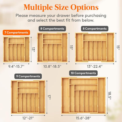 Silverware Drawer Organizer, Expandable Utensil Tray for Kitchen, Flatware and Cutlery Holder, Wood Adjustable Storage for Spoons Forks Knives, 13-22x15/ 33-56x38cm, Natural