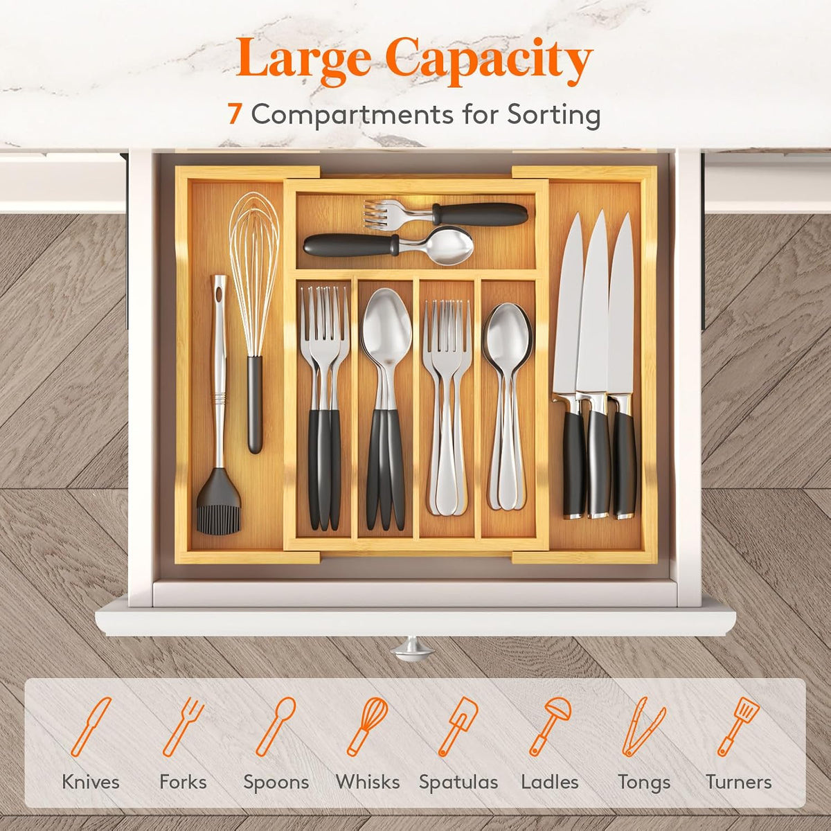 Silverware Drawer Organizer, Expandable Utensil Tray for Kitchen, Flatware and Cutlery Holder, Wood Adjustable Storage for Spoons Forks Knives, 13-22x15/ 33-56x38cm, Natural