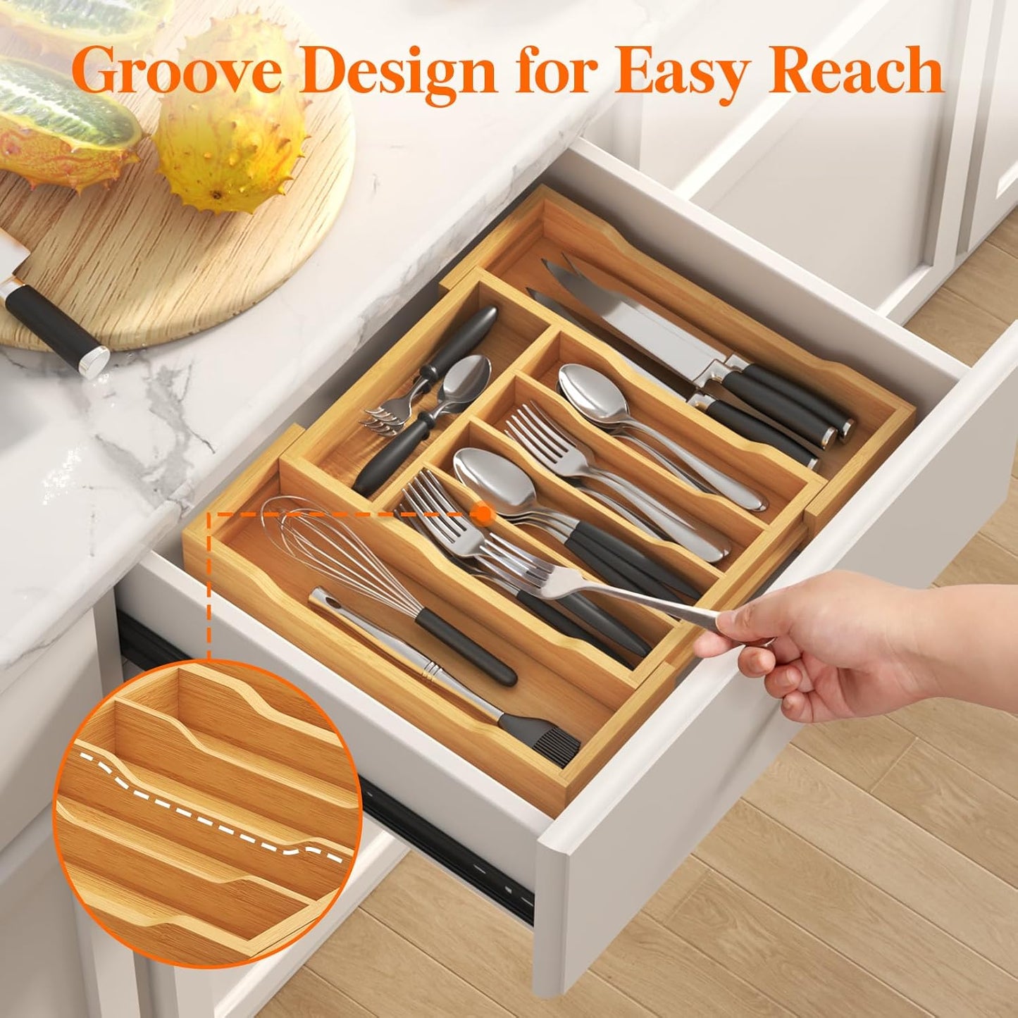 Silverware Drawer Organizer, Expandable Utensil Tray for Kitchen, Flatware and Cutlery Holder, Wood Adjustable Storage for Spoons Forks Knives, 13-22x15/ 33-56x38cm, Natural
