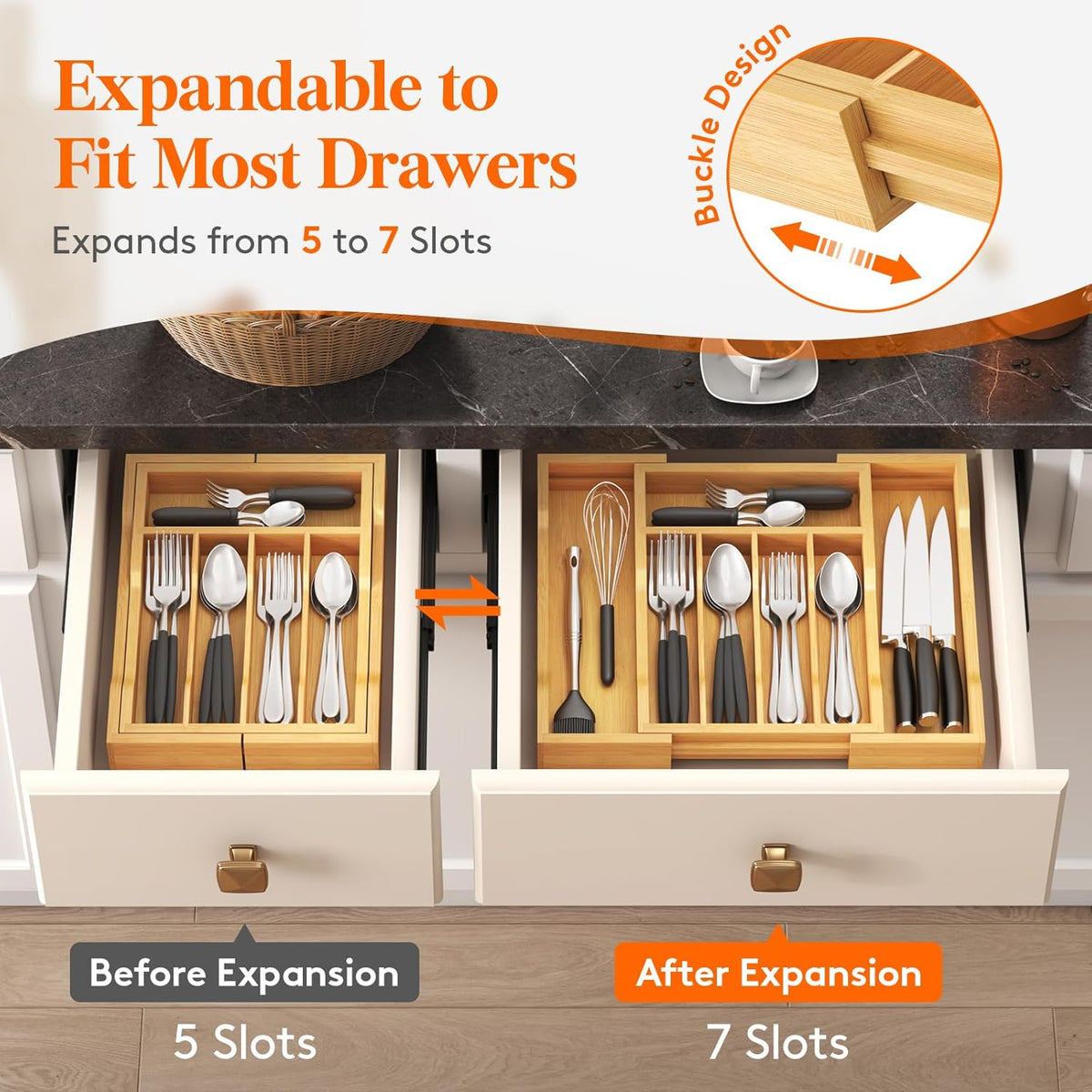 Silverware Drawer Organizer, Expandable Utensil Tray for Kitchen, Flatware and Cutlery Holder, Wood Adjustable Storage for Spoons Forks Knives, 13-22x15/ 33-56x38cm, Natural