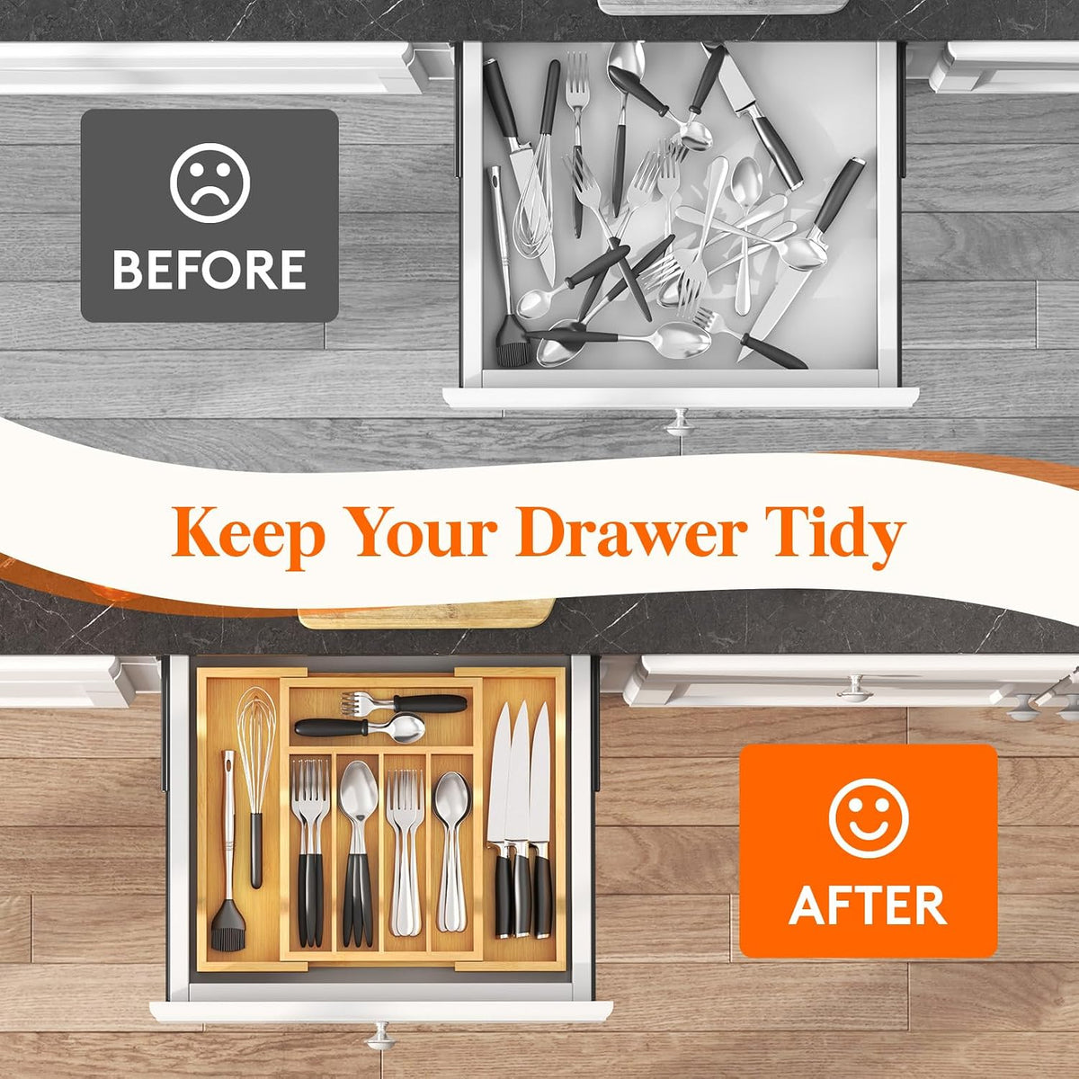 Silverware Drawer Organizer, Expandable Utensil Tray for Kitchen, Flatware and Cutlery Holder, Wood Adjustable Storage for Spoons Forks Knives, 13-22x15/ 33-56x38cm, Natural