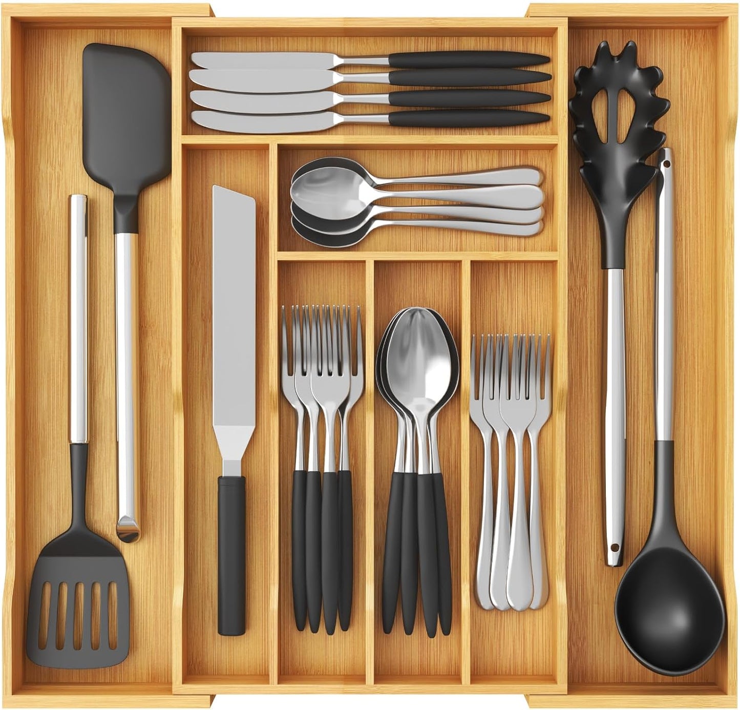 Silverware Drawer Organizer, Expandable Utensil Tray for Kitchen, Flatware and Cutlery Holder, Wood Adjustable Storage for Spoons Forks Knives, 13-22x15/ 33-56x38cm, Natural