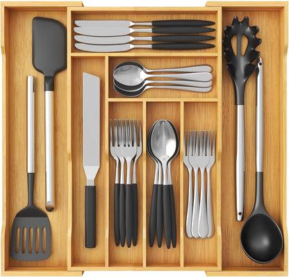 Silverware Drawer Organizer, Expandable Utensil Tray for Kitchen, Flatware and Cutlery Holder, Wood Adjustable Storage for Spoons Forks Knives, 13-22x15/ 33-56x38cm, Natural