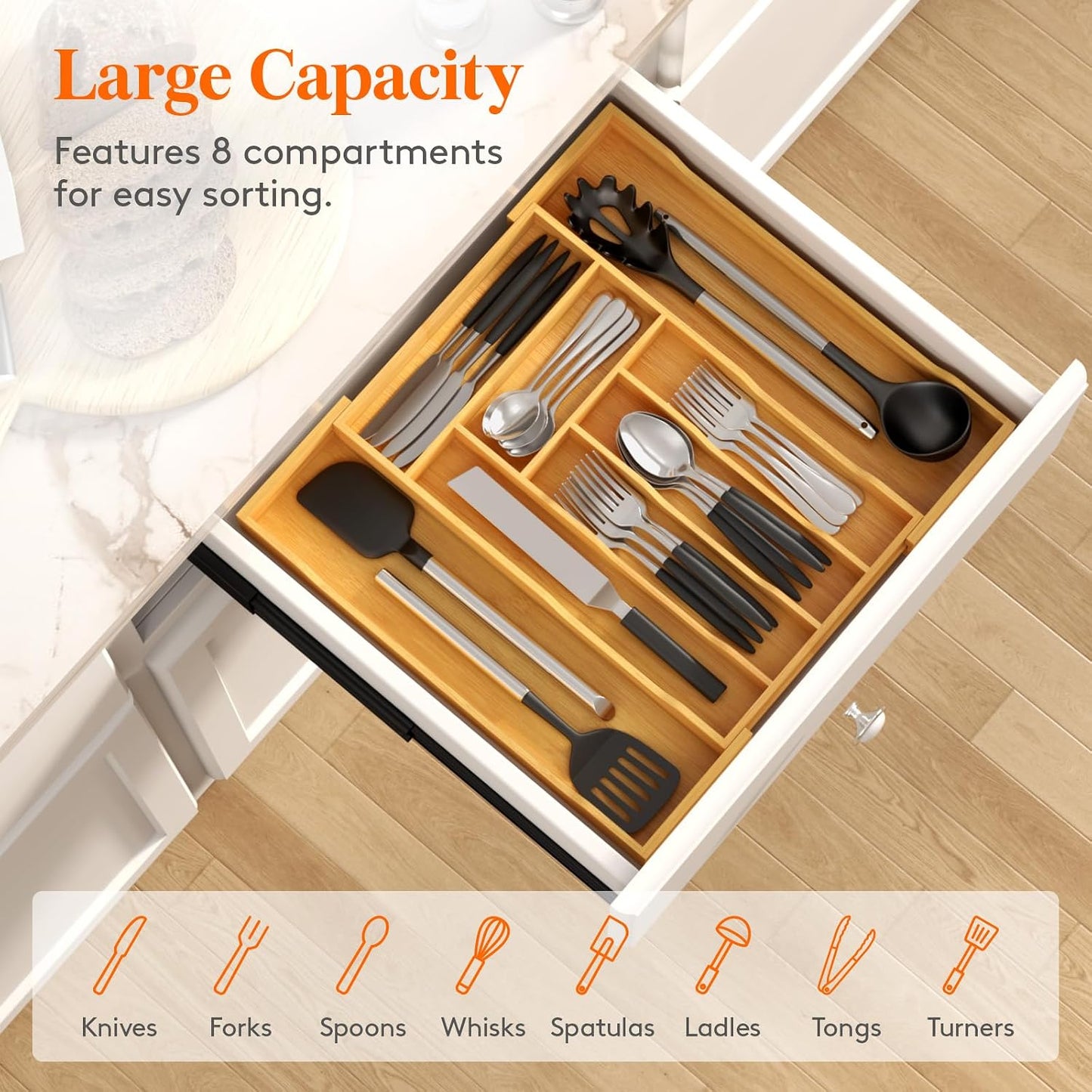 Silverware Drawer Organizer, Expandable Utensil Tray for Kitchen, Flatware and Cutlery Holder, Wood Adjustable Storage for Spoons Forks Knives, 13-22x15/ 33-56x38cm, Natural