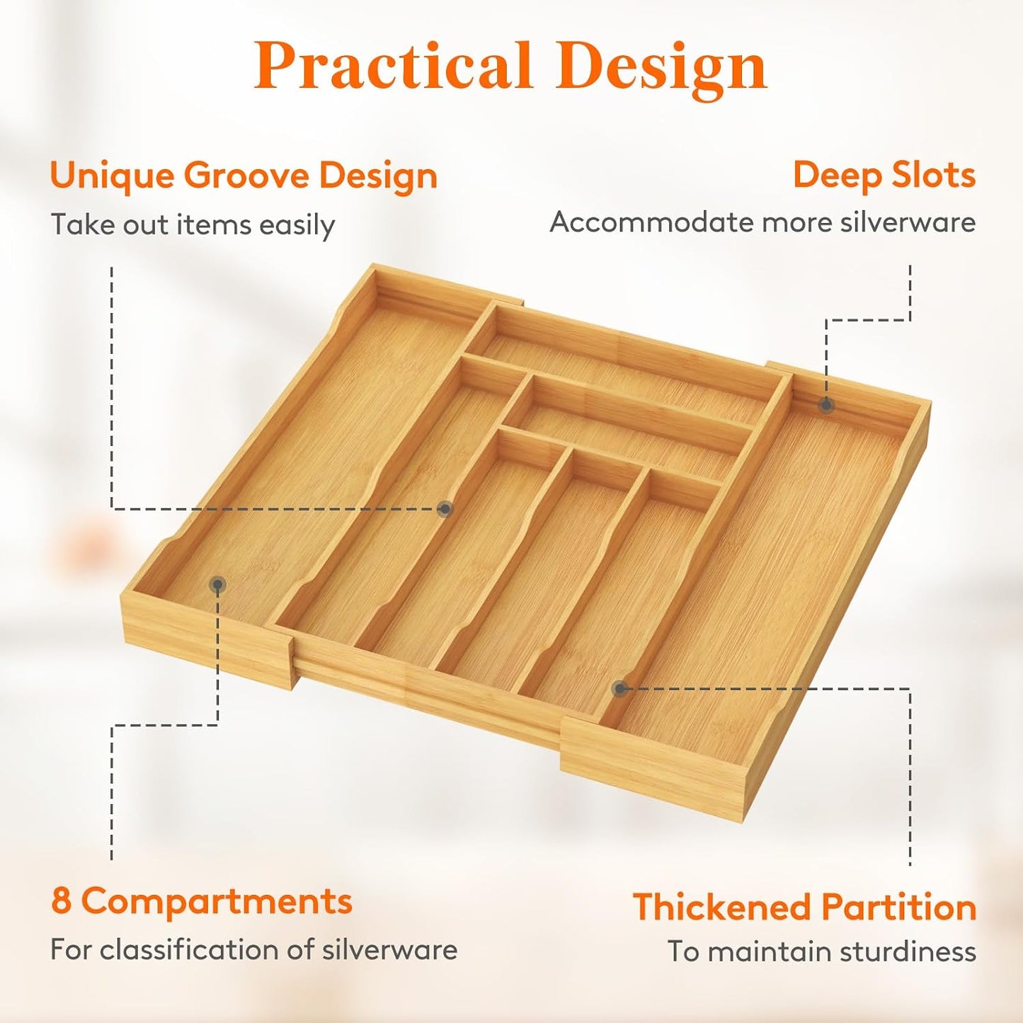 Silverware Drawer Organizer, Expandable Utensil Tray for Kitchen, Flatware and Cutlery Holder, Wood Adjustable Storage for Spoons Forks Knives, 13-22x15/ 33-56x38cm, Natural