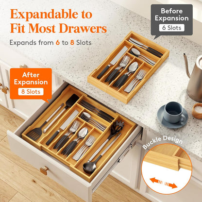 Silverware Drawer Organizer, Expandable Utensil Tray for Kitchen, Flatware and Cutlery Holder, Wood Adjustable Storage for Spoons Forks Knives, 13-22x15/ 33-56x38cm, Natural