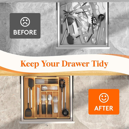 Silverware Drawer Organizer, Expandable Utensil Tray for Kitchen, Flatware and Cutlery Holder, Wood Adjustable Storage for Spoons Forks Knives, 13-22x15/ 33-56x38cm, Natural