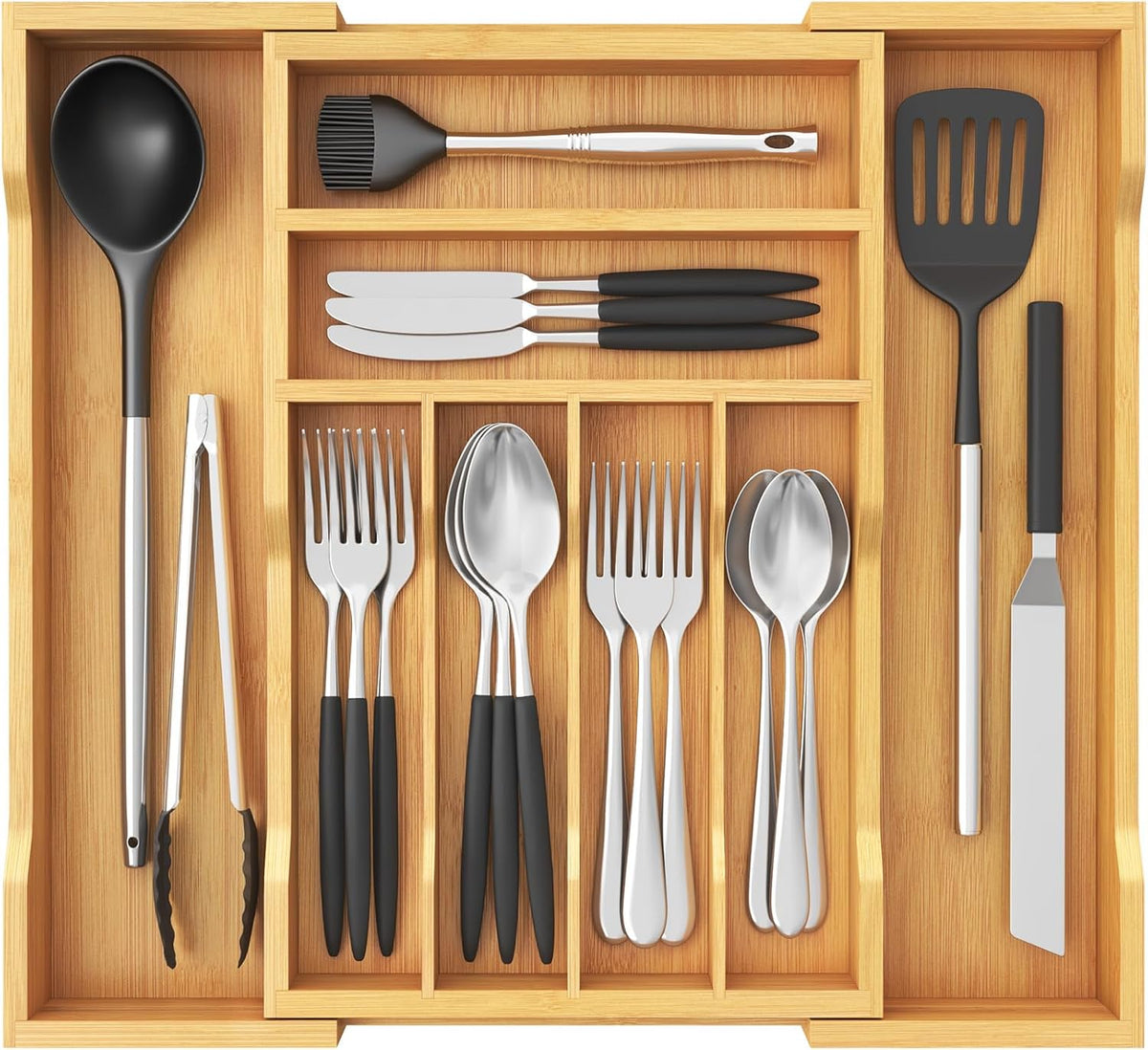 Silverware Drawer Organizer, Expandable Utensil Tray for Kitchen, Flatware and Cutlery Holder, Wood Adjustable Storage for Spoons Forks Knives, 13-22x15/ 33-56x38cm, Natural