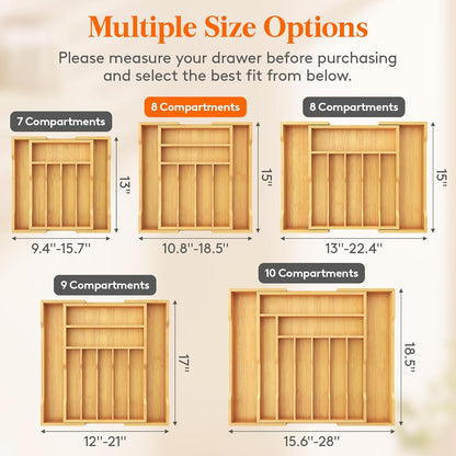 Silverware Drawer Organizer, Expandable Utensil Tray for Kitchen, Flatware and Cutlery Holder, Wood Adjustable Storage for Spoons Forks Knives, 13-22x15/ 33-56x38cm, Natural