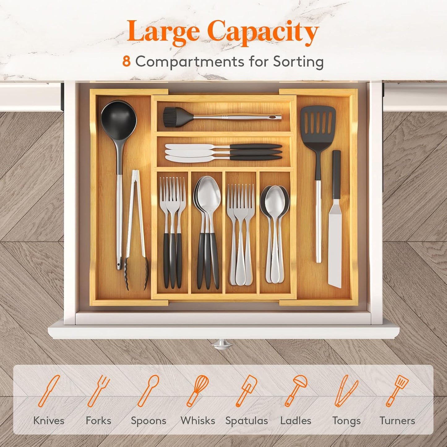 Silverware Drawer Organizer, Expandable Utensil Tray for Kitchen, Flatware and Cutlery Holder, Wood Adjustable Storage for Spoons Forks Knives, 13-22x15/ 33-56x38cm, Natural