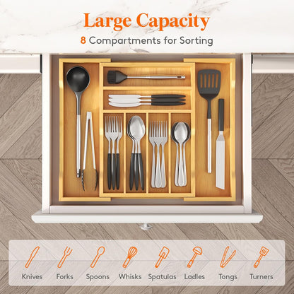 Silverware Drawer Organizer, Expandable Utensil Tray for Kitchen, Flatware and Cutlery Holder, Wood Adjustable Storage for Spoons Forks Knives, 13-22x15/ 33-56x38cm, Natural
